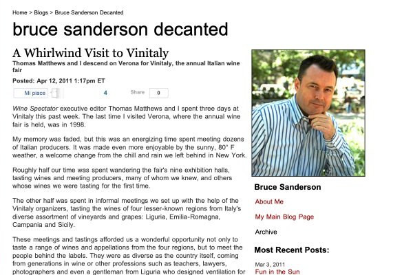 Ritaglio stampa: Wine Spectator – Bruce Sanderson, 2011 - Terre Bianche, Dolceacqua