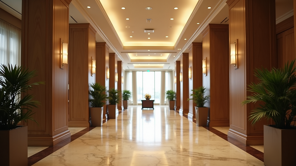 Wide angle view of a luxurious hotel lobby