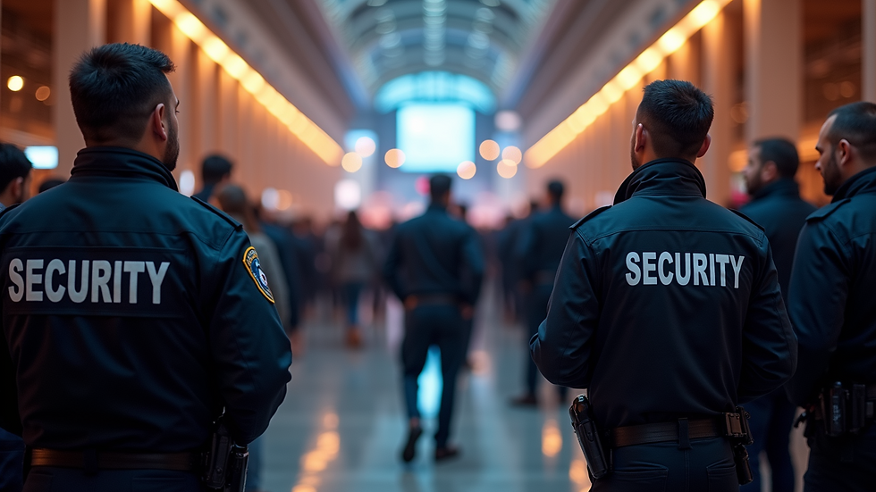 Eye-level view of security personnel monitoring a crowd at an event entrance