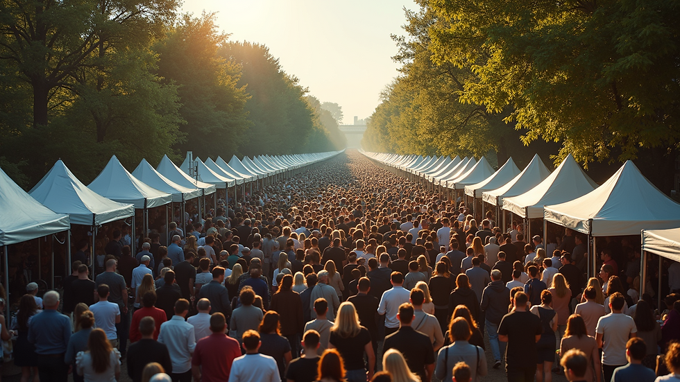 High angle view of a large crowd moving through a fenced pathway at an outdoor event