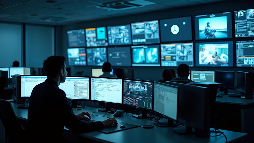 High angle view of a security control room with multiple monitors
