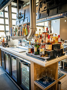 Restaurant seating and dining space inside Level Up Bowl & Bistro