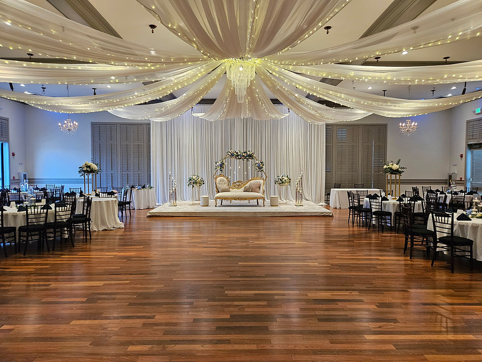 Grand Ballroom Ceremony Setup with Draped Ceiling and Floral Decor