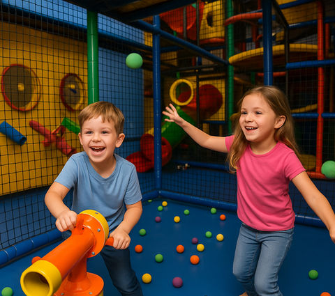 Two smiling kids playing with ball blasters inside an indoor playground in Surrey British Colombia