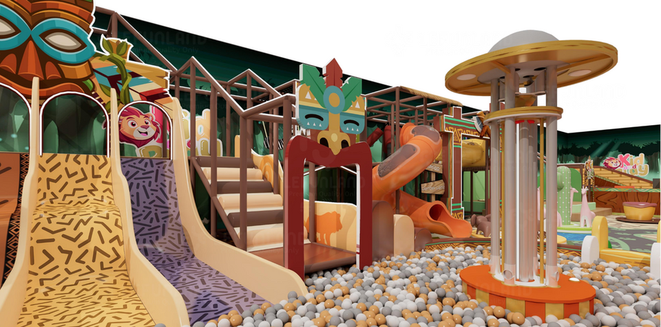 Spiral tube slide at Kid and Play indoor playground.