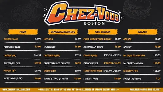 Food Menu | Chez-Vous Roller Rink | Boston, MA