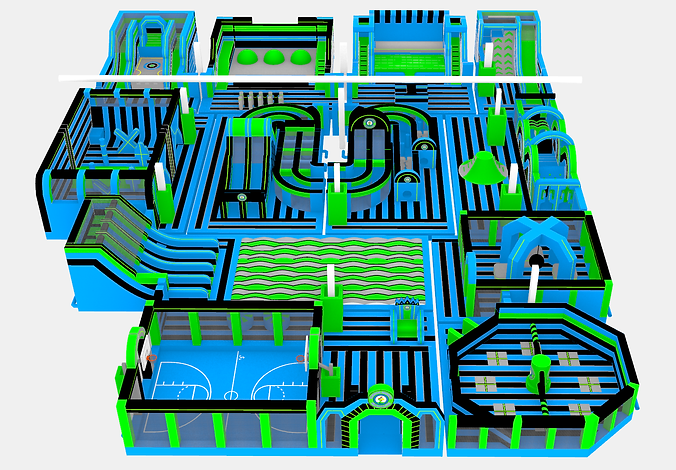 Wide-angle view of Extreme Bounce’s inflatable adventure course, featuring tunnels, slides, and a massive jump zone in bright blue, green, and black — part of the largest indoor inflatapark in North America