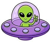 Green alien flying purple UFO illustration