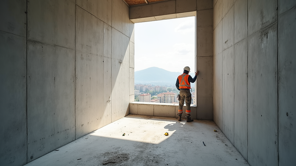 Vista a livello di un cantiere di ristrutturazione con operai al lavoro su pareti interne