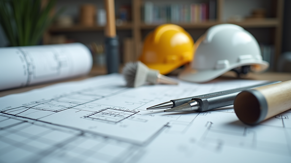Close-up view of modern construction tools and blueprints on a table