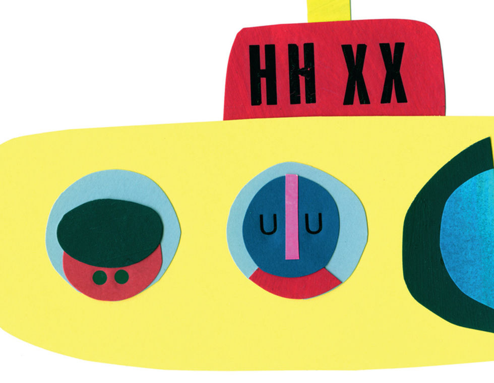 Submarino amarelo com HH XX, tripulantes e propulsores.