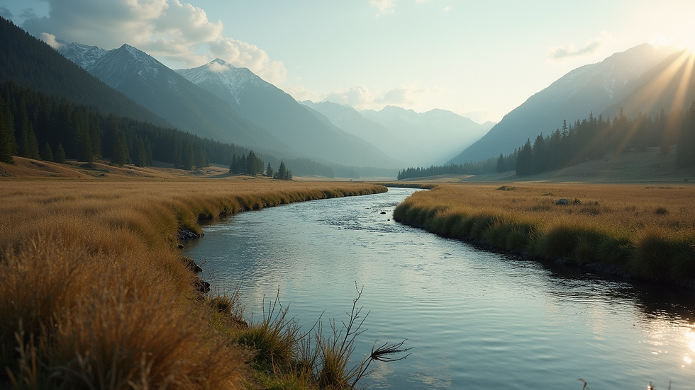 Eye-level view of a serene landscape with a winding river