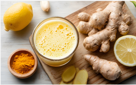 Ein Mise en place auf einem Holzschneidebrett mit Ingwer, Kurkuma, Zitrone