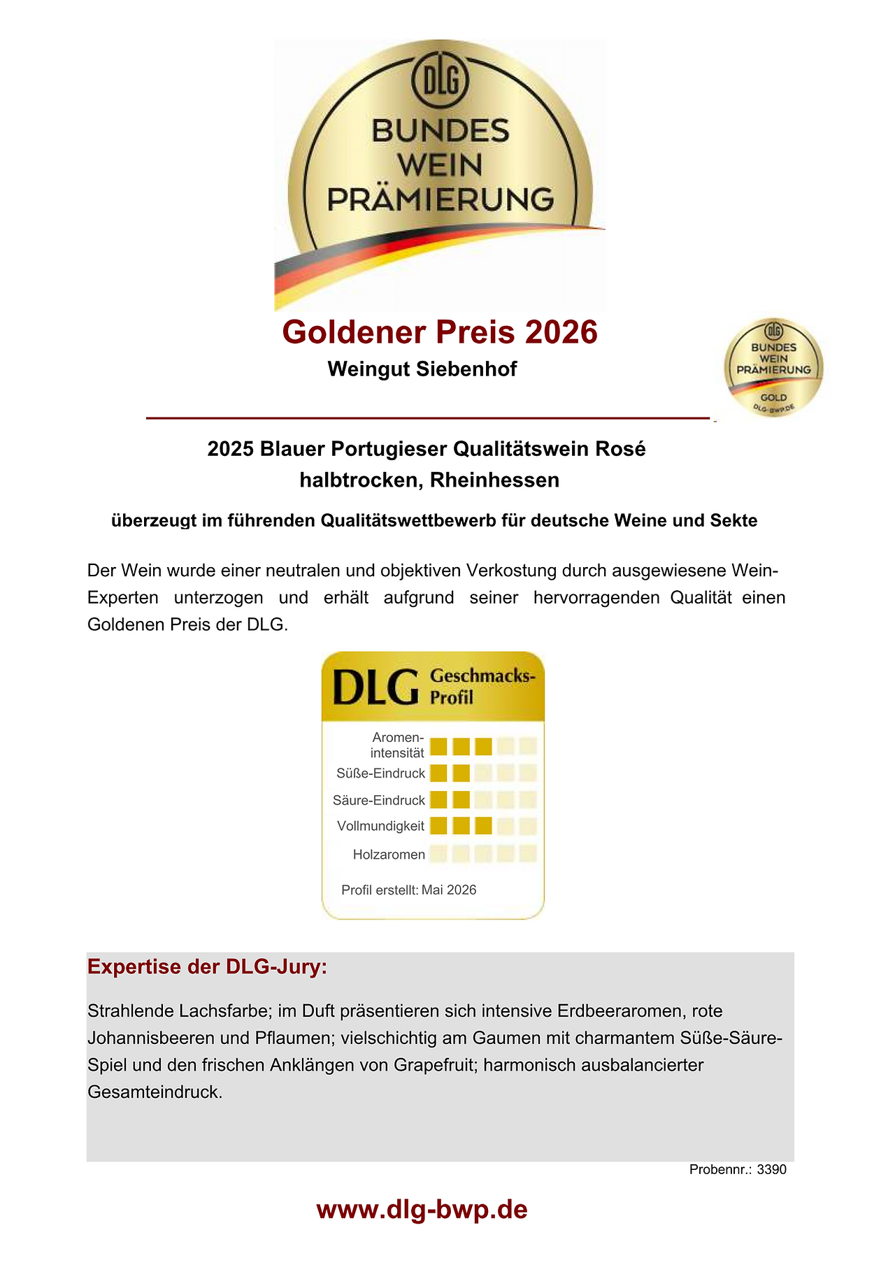 Goldener Preis Bacchus süß mit Gescmacksprofil