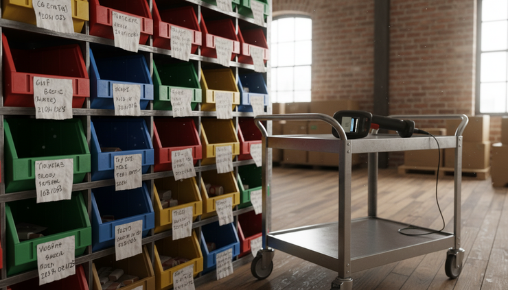 Close-up of color-coded inventory bins with paper tags and a barcode scanner nearby.
