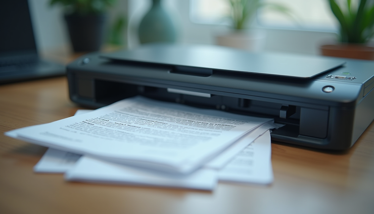 Eye-level view of a digital document scanner capturing multiple paper documents