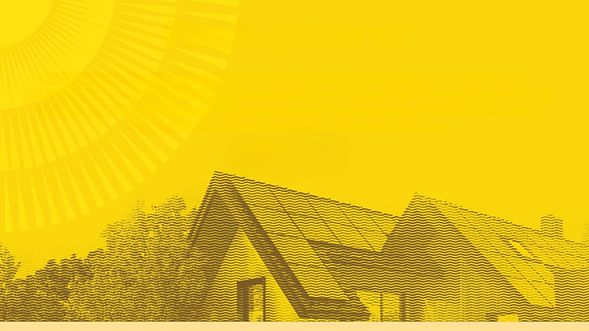Yellow graphic background featuring a halftone-style illustration of a modern home with solar panels on the roof, accompanied by abstract circular patterns radiating from the top left corner.