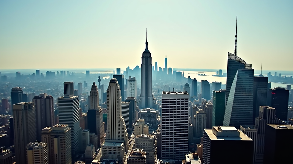 High angle view of New York City skyline with stadium in the distance