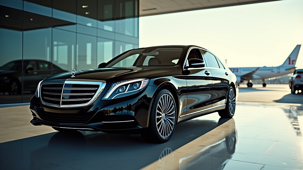 Eye-level view of a luxury black sedan parked outside an airport terminal