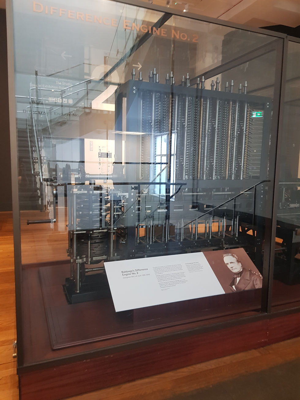 Charles Babbage's 'Difference Engine Number 2' is on display on the 2nd floor, towards the rear of the museum