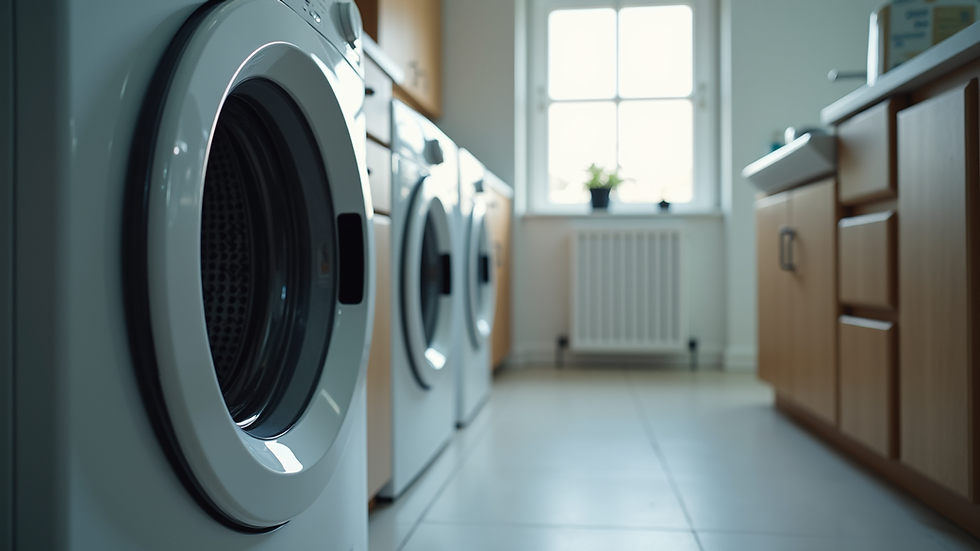 Eye-level view of a modern drum washing machine in a stylish laundry room