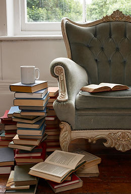 A Victorian chair in front of a window looking out on a forest. Stacks of books surround the chair.