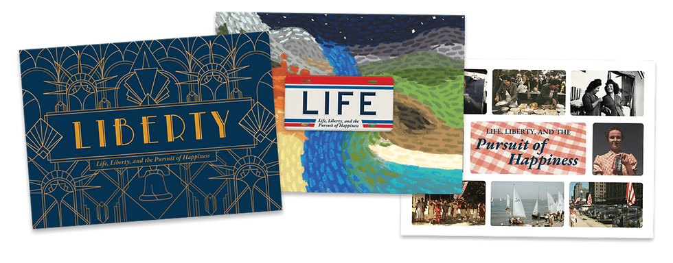 Three postcards designs representing Liberty, Life, and the Pursuit of Happiness
