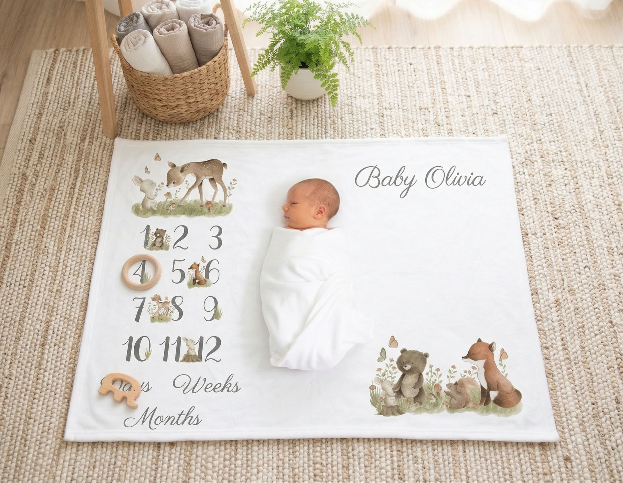 Woodland Personalised Baby Milestone Blanket featuring watercolor forest animals, custom baby name, and monthly growth tracke