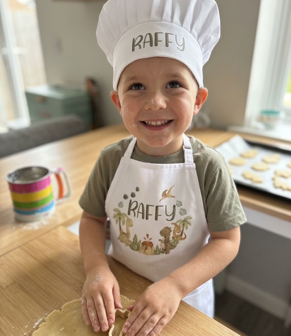 Personalised dinosaur baking set for kids with apron and chef hat