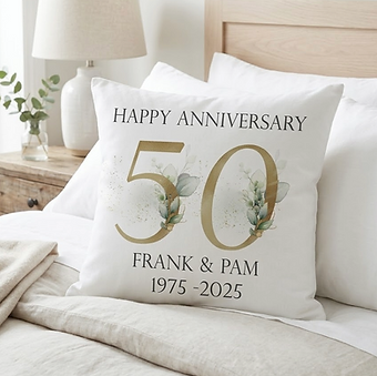 Personalised 50th Wedding Anniversary keepsake cushion featuring a gold number 50 with eucalyptus leaves, custom names Frank