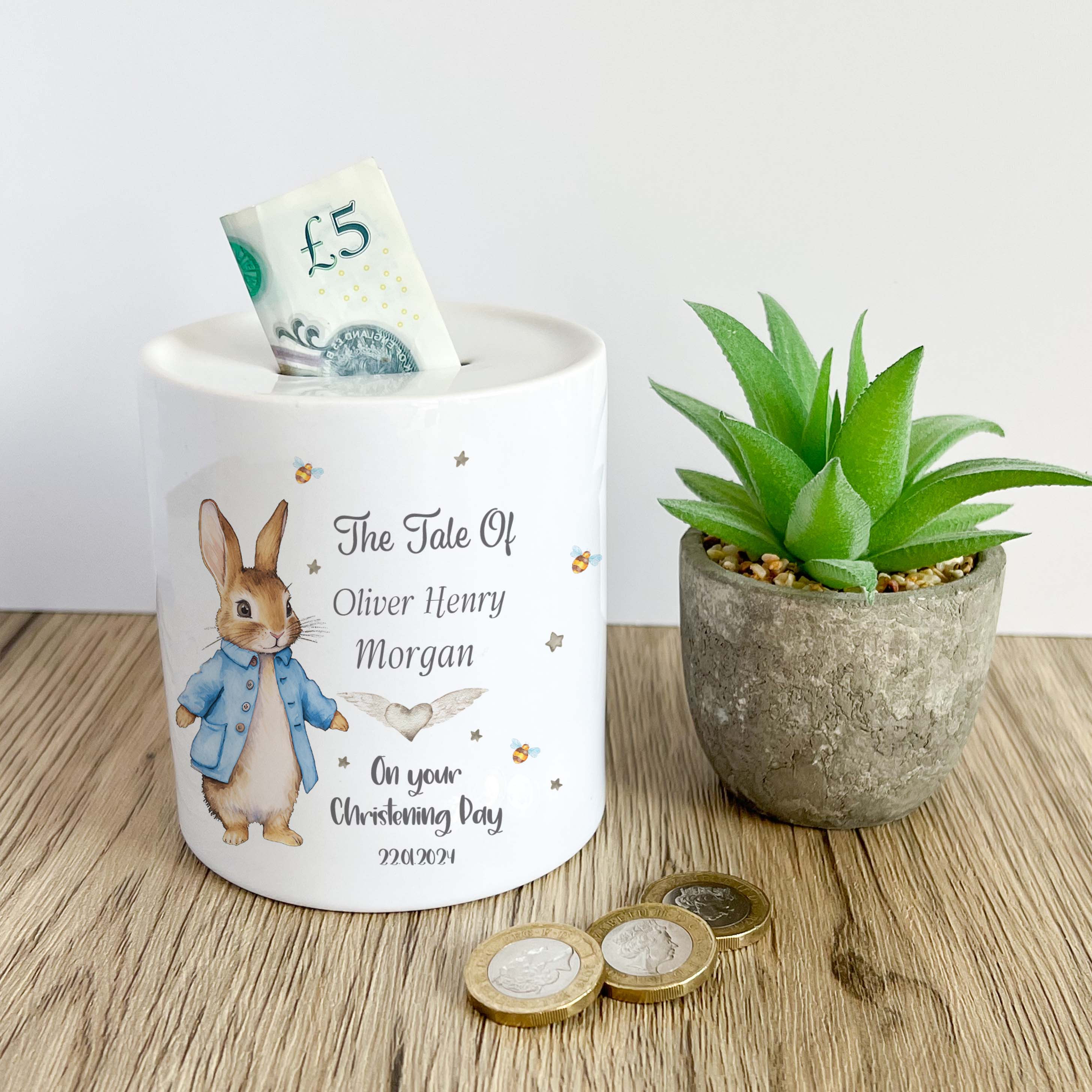 Blue Bunny Christening Ceramic Money Box