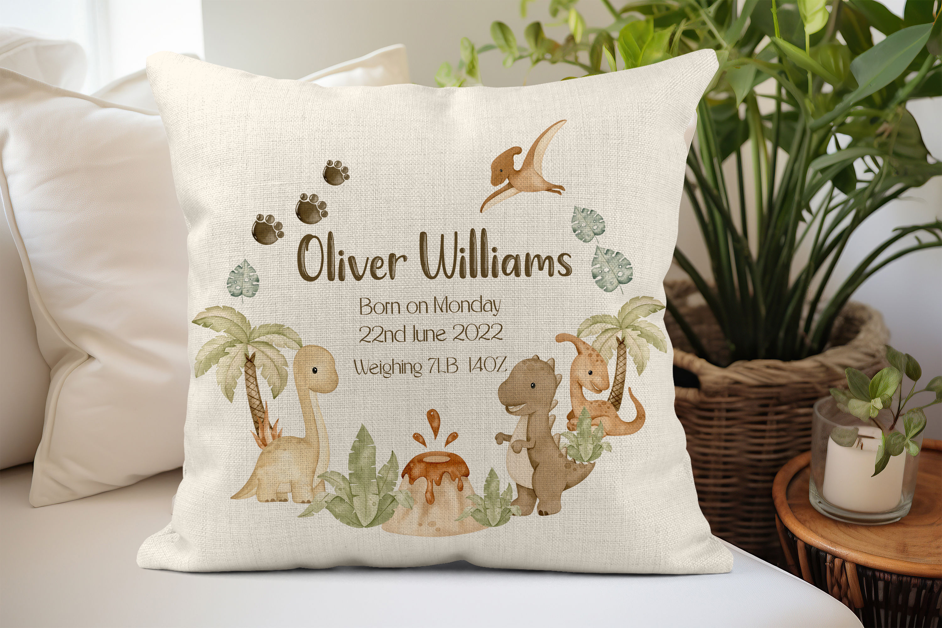 Birth Announcement Nursery Cushion Dinosaur
