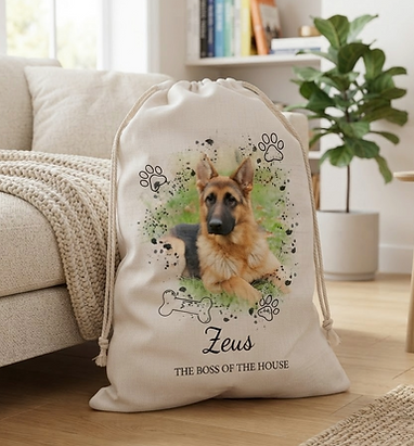 Personalised dog toy storage bag with German Shepherd photo and name