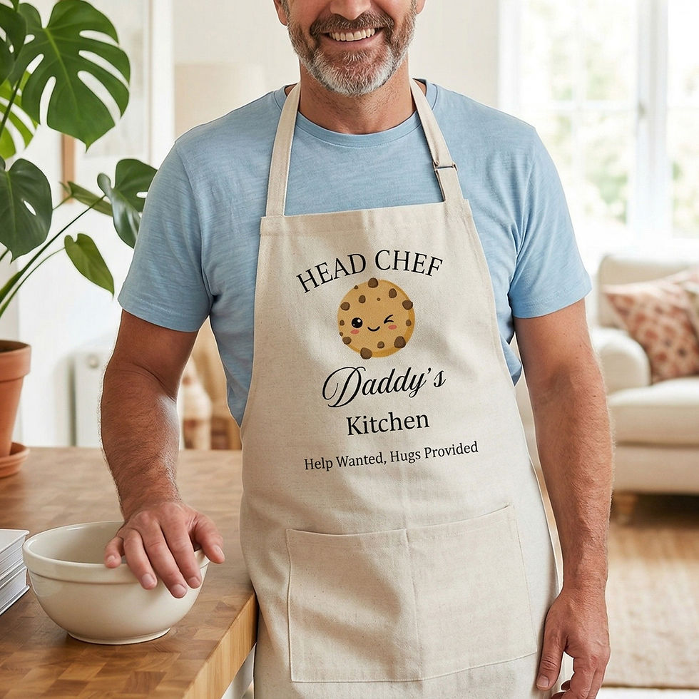 Man wearing a personalised dad baking apron with a cookie design reading Head Chef Daddy's Kitchen Help Wanted.