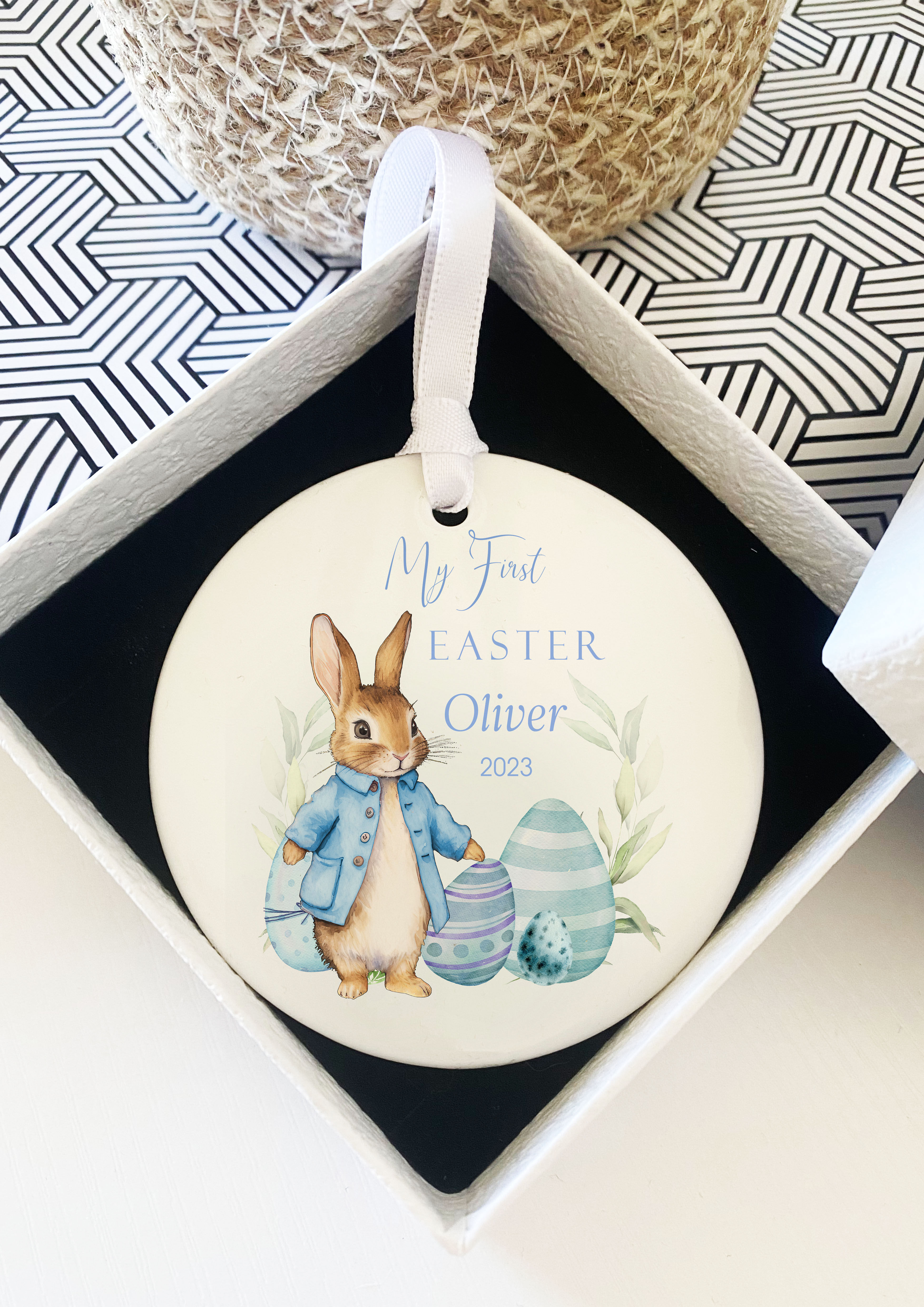 Blue  Bunny 1st Easter Ceramic Ornament