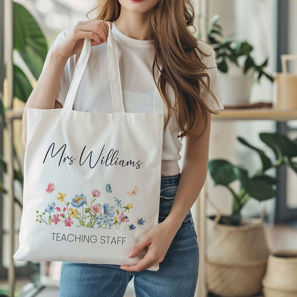 Personalised teacher tote bag with floral design and teacher name.
