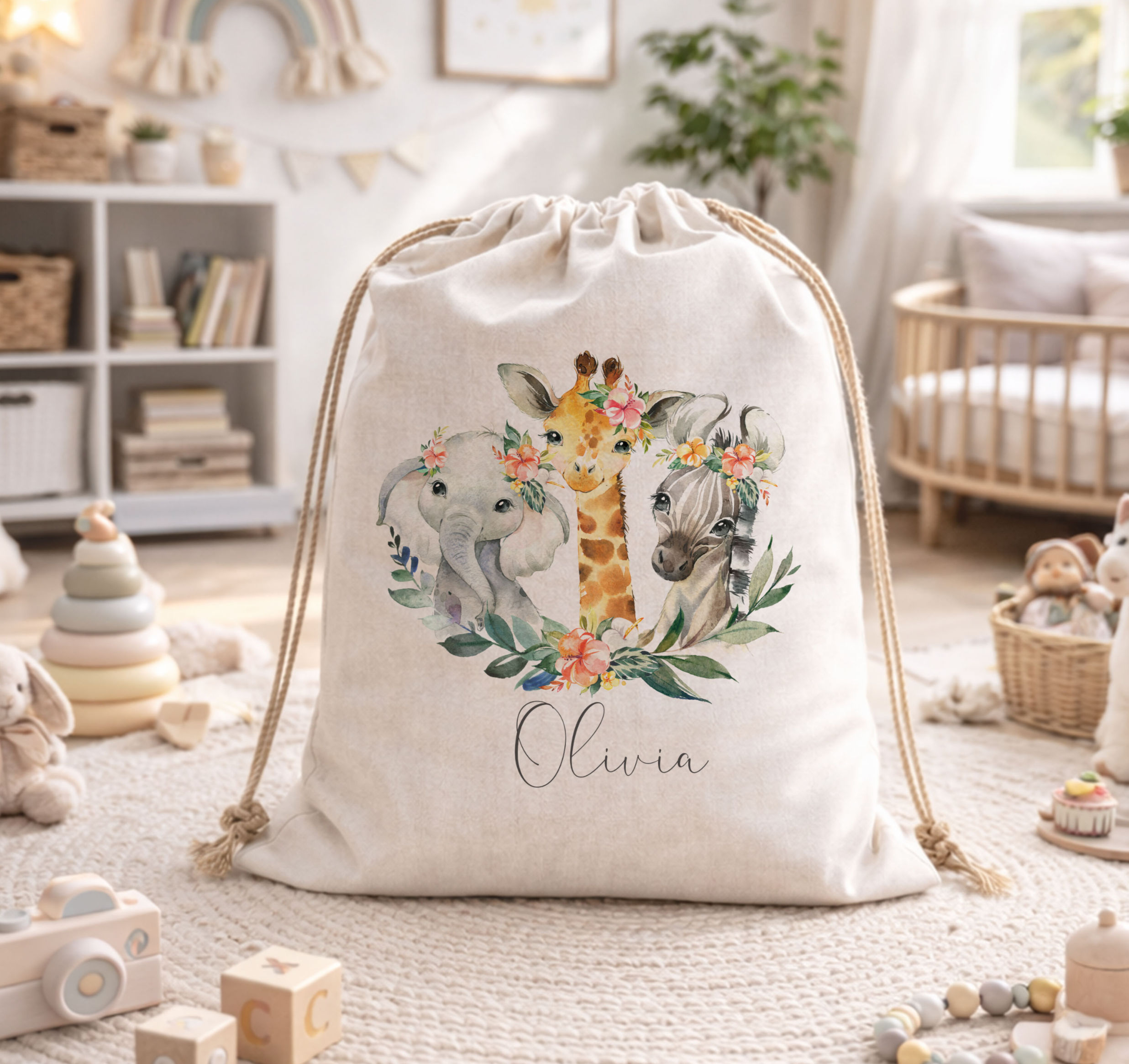 Personalised Floral Safari Animals Toy Storage Bag