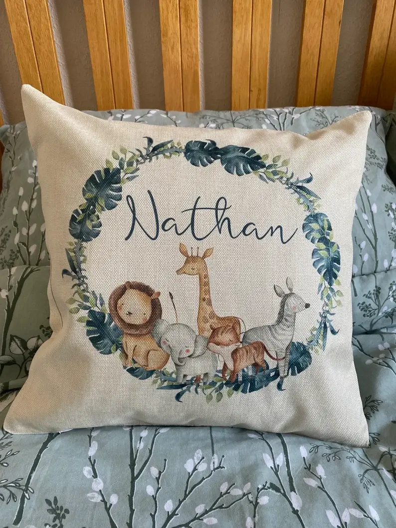 Thumbnail: Watercolour Safari Animals Personalised Nursery Cushion