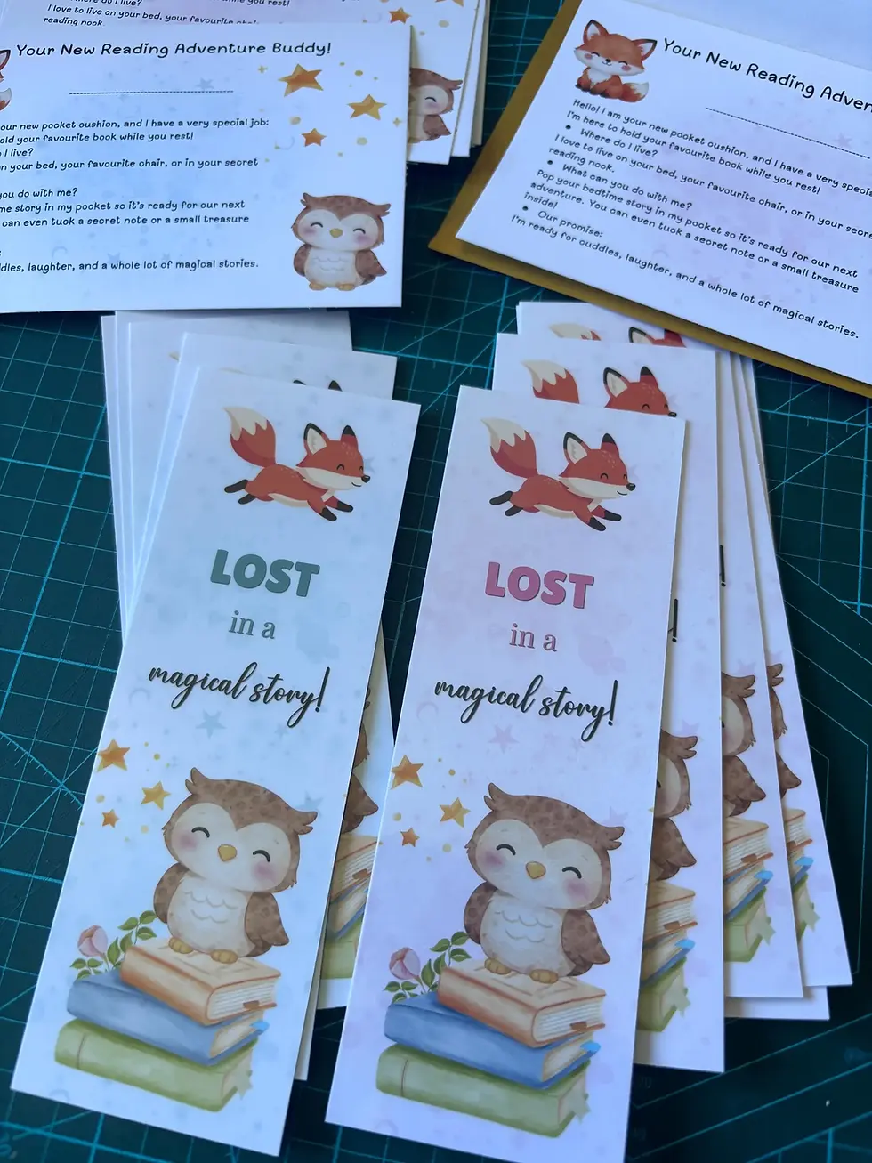Thumbnail: Matching cartoon fox and owl bookmarks alongside kids reading adventure buddy gift cards for pocket cushions.