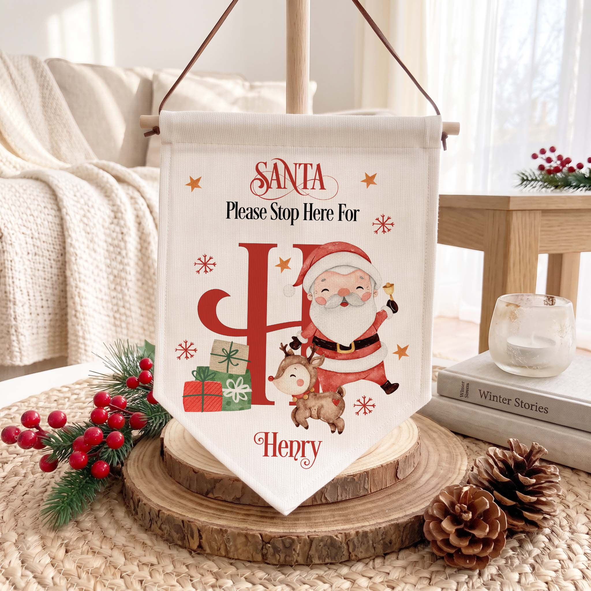 Personalised Santa please stop here linen pennant flag hanging sign featuring red monogram initial H, cute Santa Claus with r