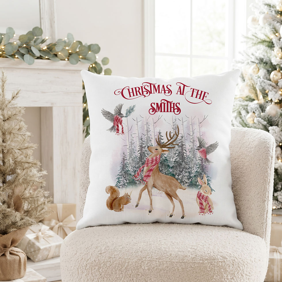 Personalised Christmas winter woodland cushion featuring custom family name, a deer, squirrel and robins on a cosy chair.