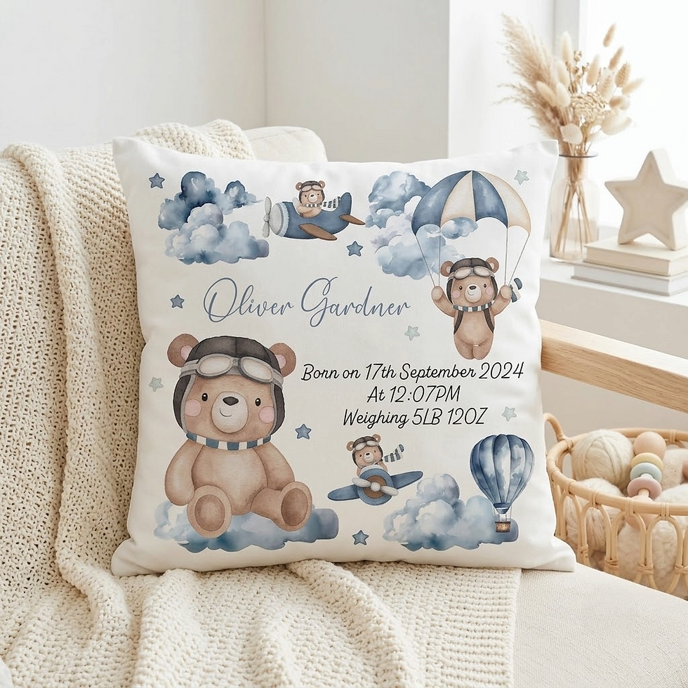 Thumbnail: Personalised Teddy Bear Birth Detail Cushion featuring an aviator teddy design, custom baby name, birth date, time, and weigh