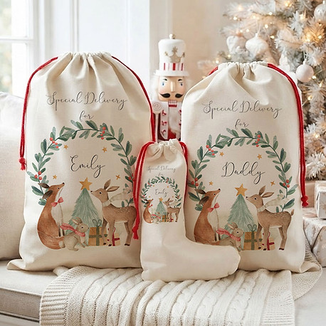 Personalised Christmas Eve sacks and a matching stocking featuring a watercolour woodland scene with deer, a fox, a rabbit, a
