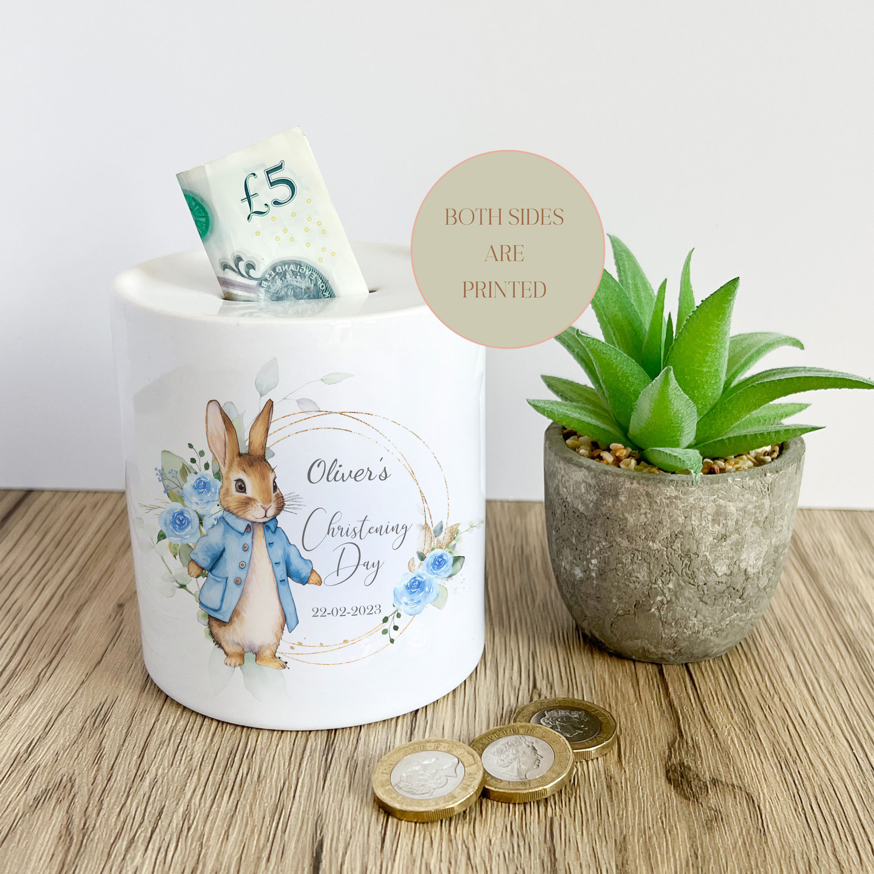 Blue Rabbit Christening Ceramic Money Box