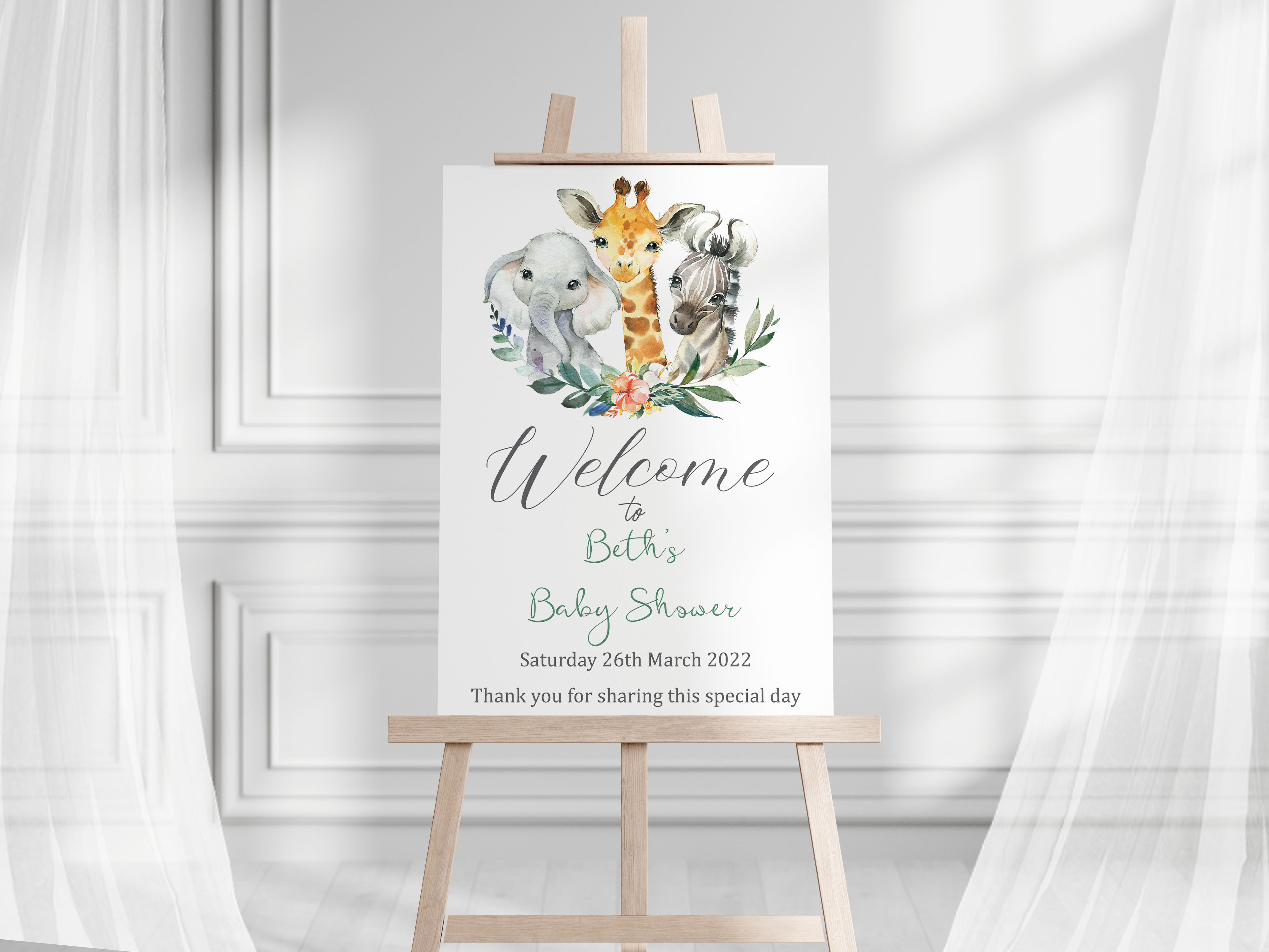 Personalised Safari Animals Baby Shower Welcome Sign