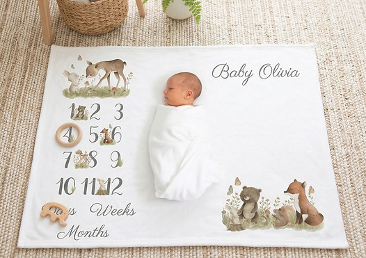 Personalised woodland animal baby milestone blanket featuring watercolour forest creatures including a deer, fox, bear, and r