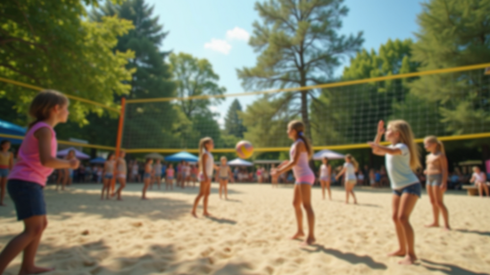 Wide angle view of a summer camp setting with kids playing volleyball
