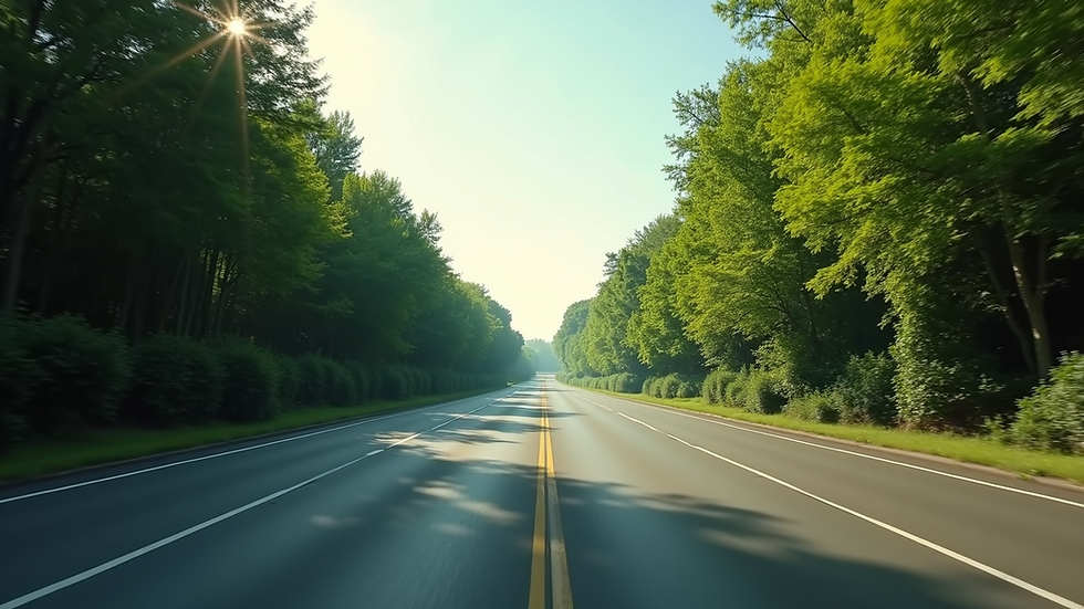 Wide angle view of busy road with lush trees
