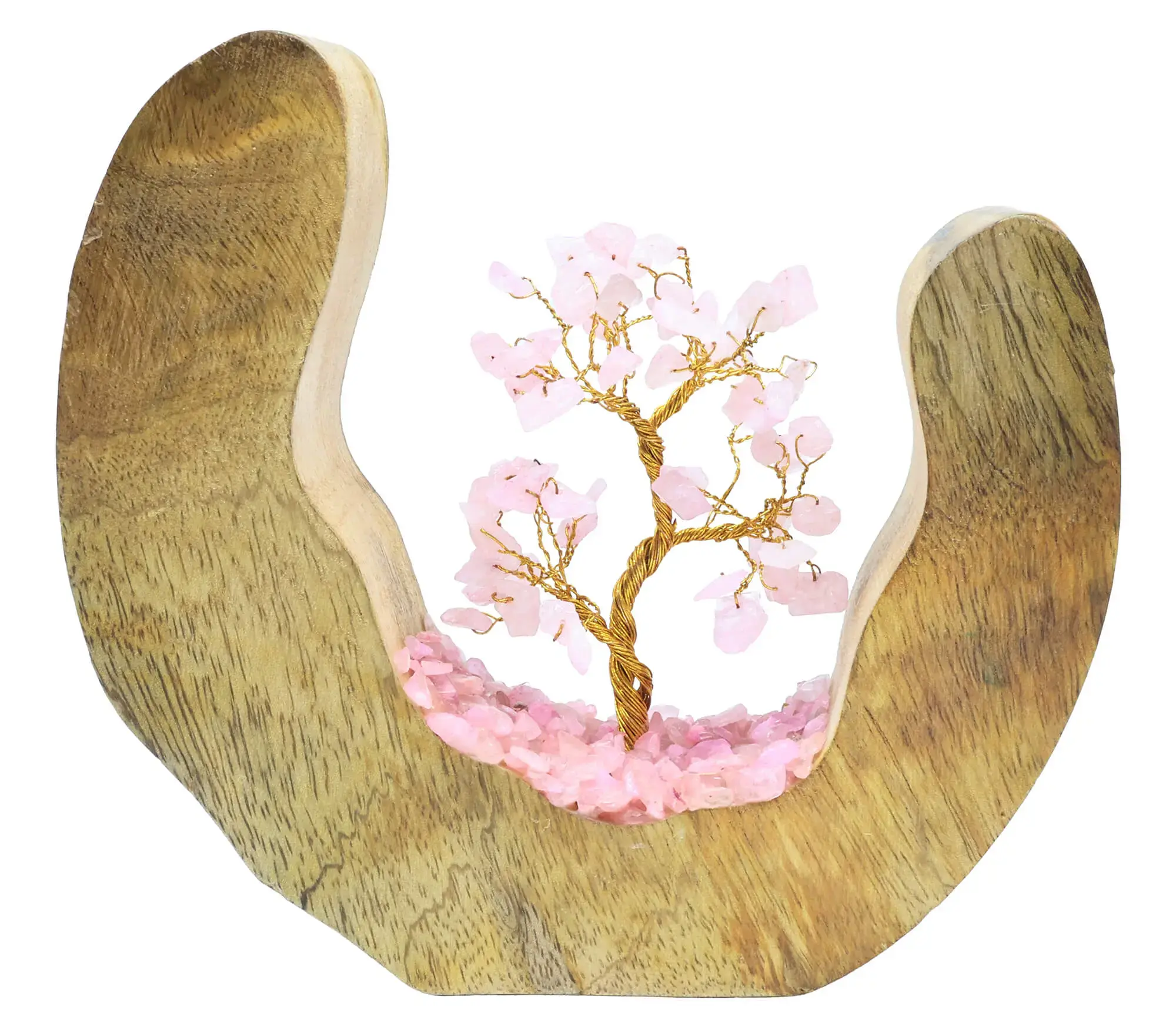 Arbre du Bonheur en Quartz Rose sur Socle en Bois de Manguier (Modèle Design)