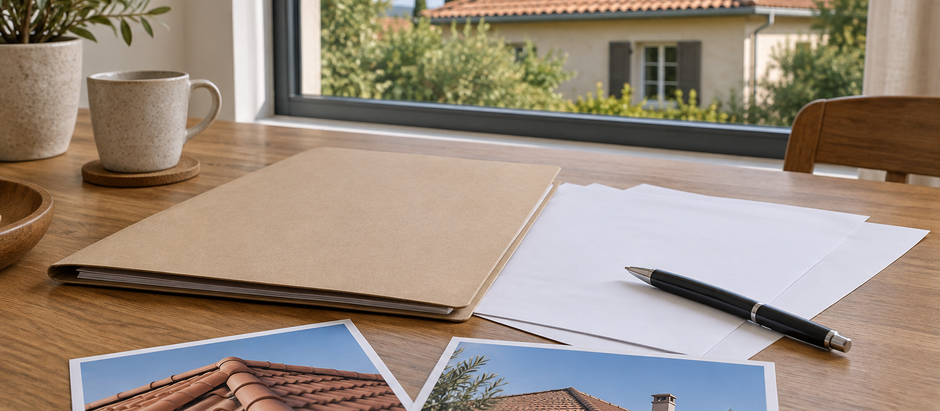 Dossier de travaux et photographies de toiture disposés sur une table pour préparer une visite de fin de chantier